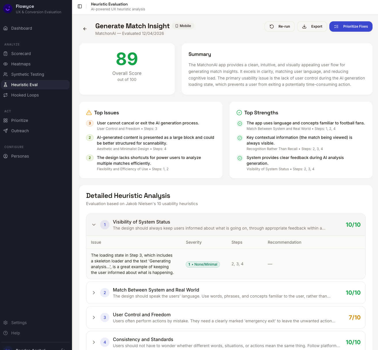 Flowyce Heuristic Evaluation showing an overall score of 89, top issues and strengths, and a detailed heuristic analysis table