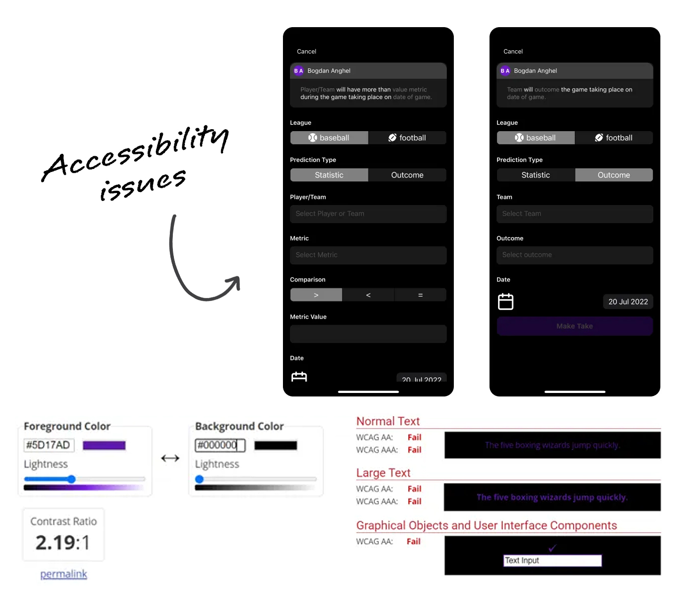 VLTED accessibility review comparing screens and documenting contrast failures
