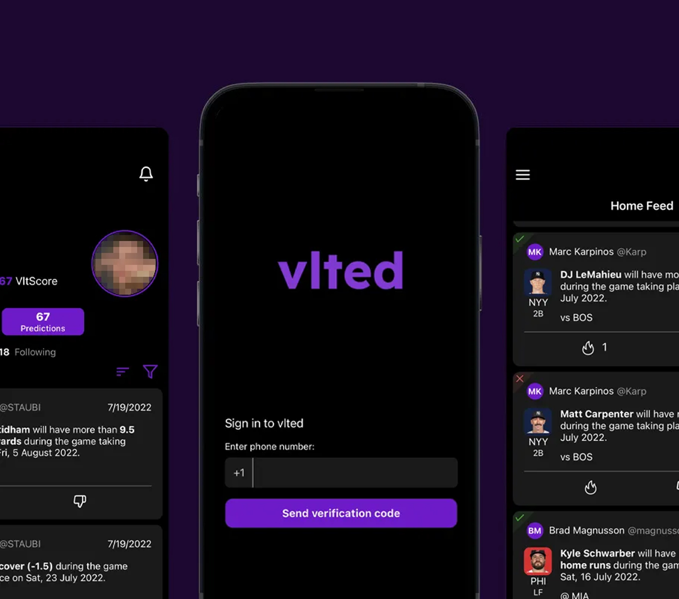 Earlier VLTED interface showing a profile, phone sign-in and home feed