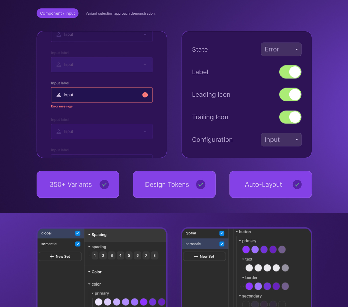 VLTED design system showing input variants, design tokens and auto-layout components