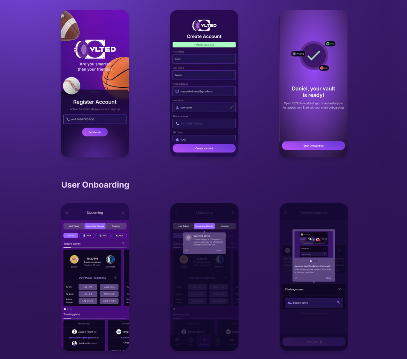 High-fidelity VLTED onboarding and sports challenge screens