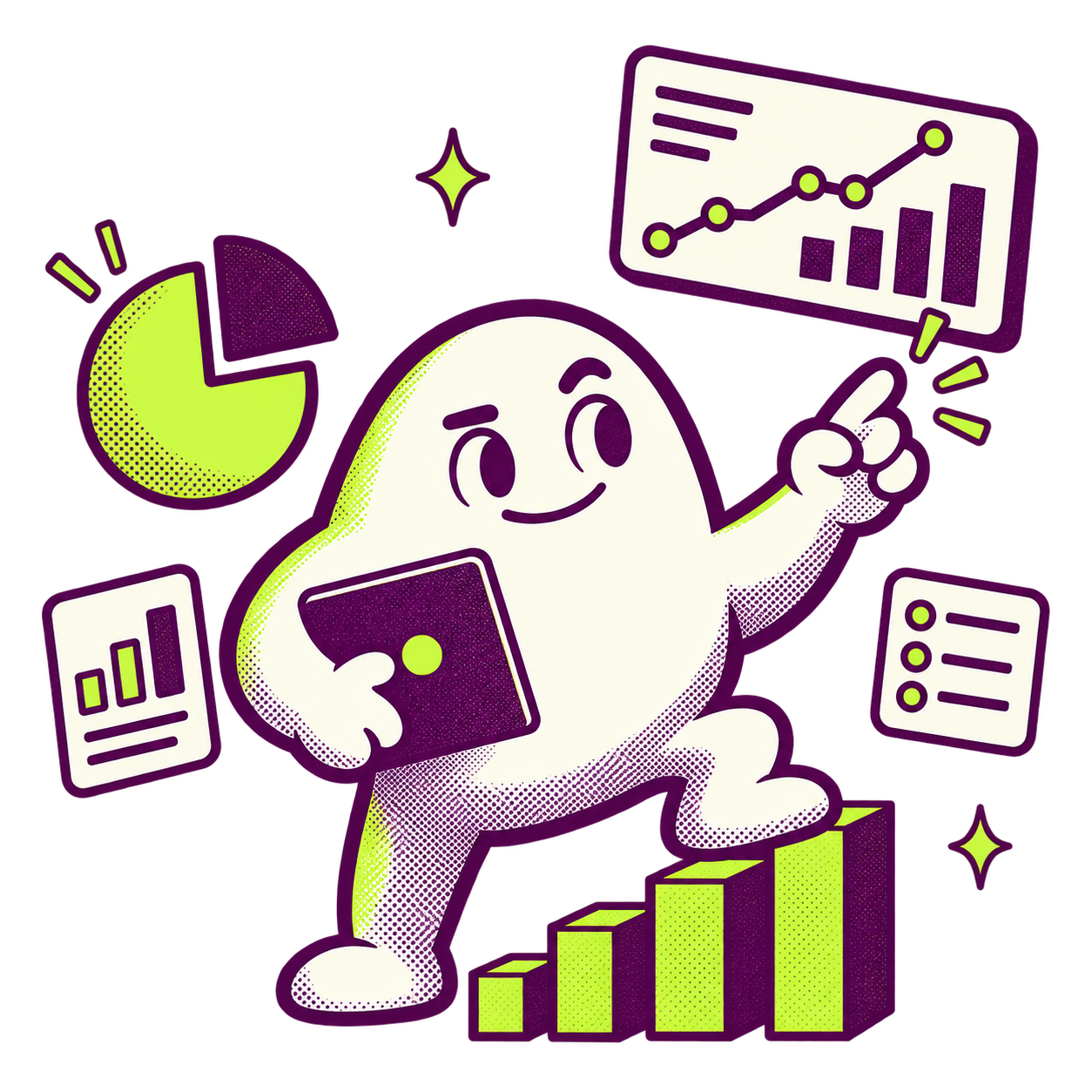 Sixyce mascot presenting product analytics and growth data